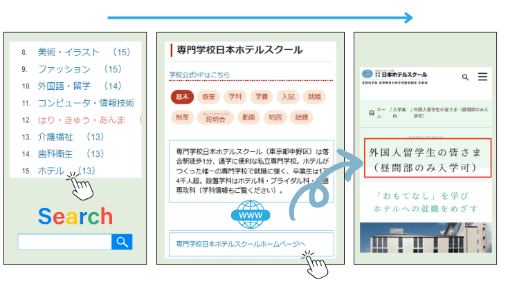 ナレッジステーションで学校検索をして学校指定、学校公式ホームページで留学生情報を確認