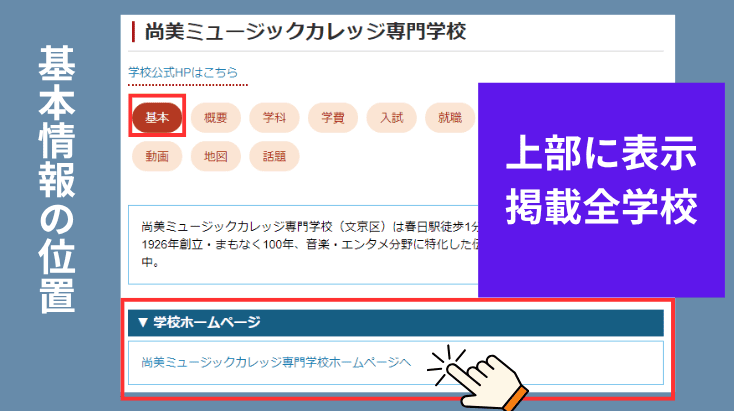 学校硬式ホームページへの進み方、事例紹介-尚美ミュージックカレッジ専門学校