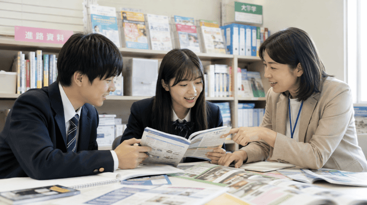 専門学校進学ガイドを利用する高校生と高校進路指導室
